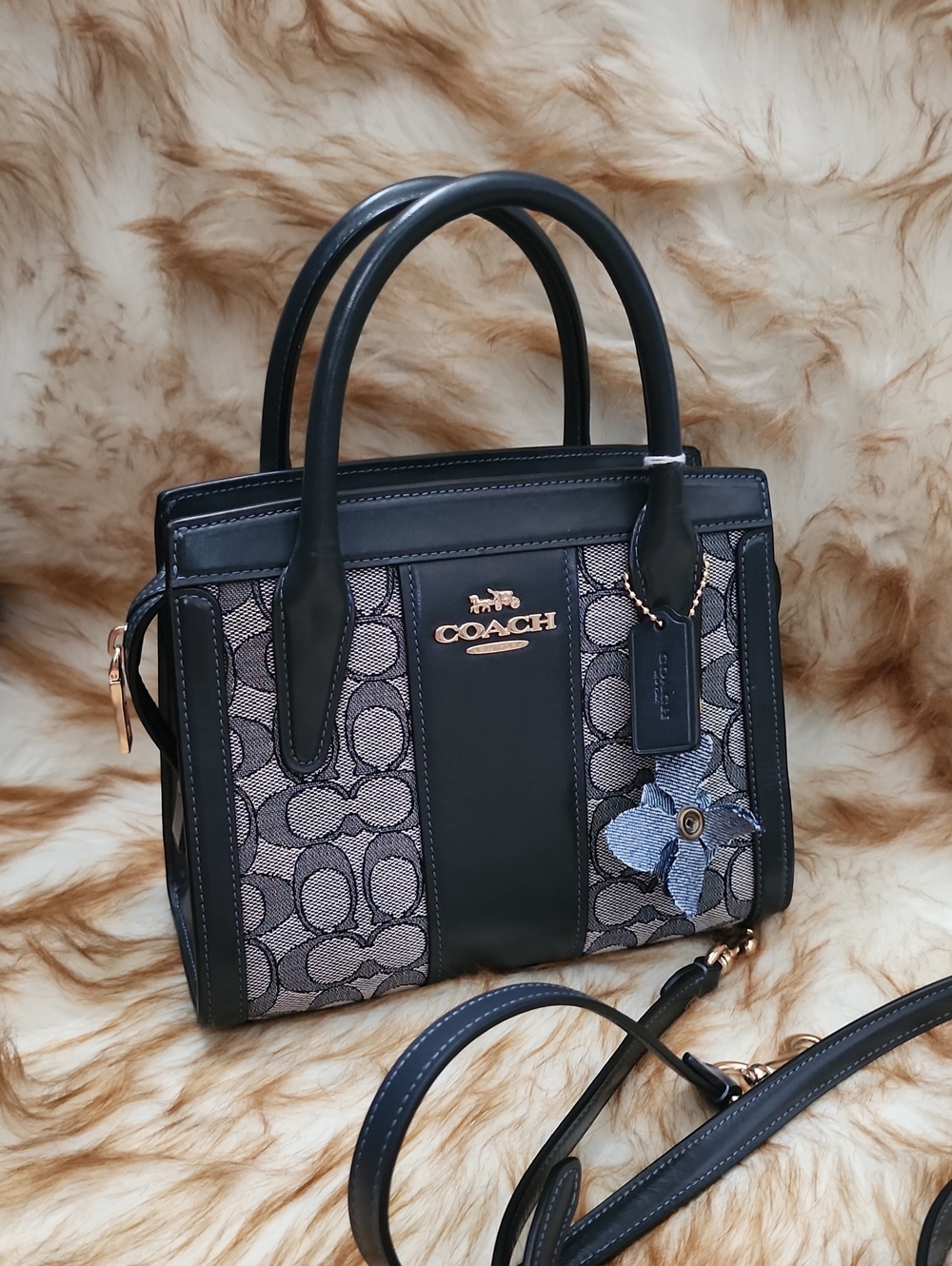 Coach Black Signature Canvas Satchel with Denim Flower Charm